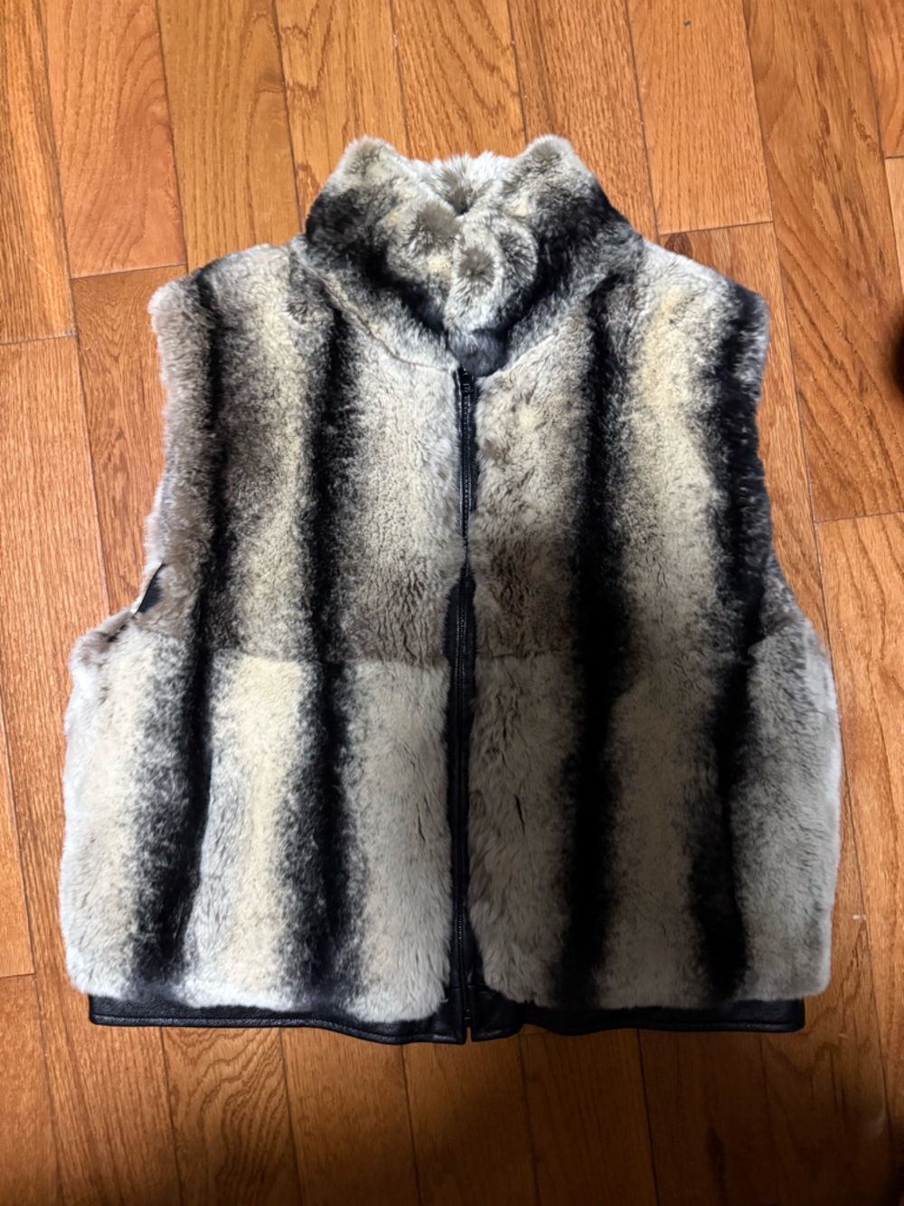 Genuine Chinchilla Fur Zip-Front Vest in Gray and Black Stripes